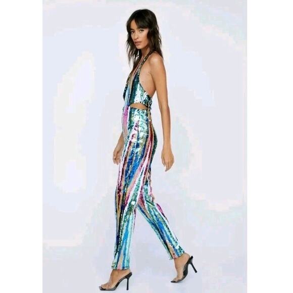 NWT Nasty Gal Stripe Sequin Halterneck Cut Out Jumpsuit Size 8 - Picture 4 of 8